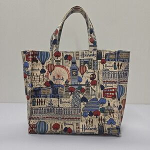 Harrods London Landmarks Tapestry Tote Bag Cream Blue Red Small Handbag